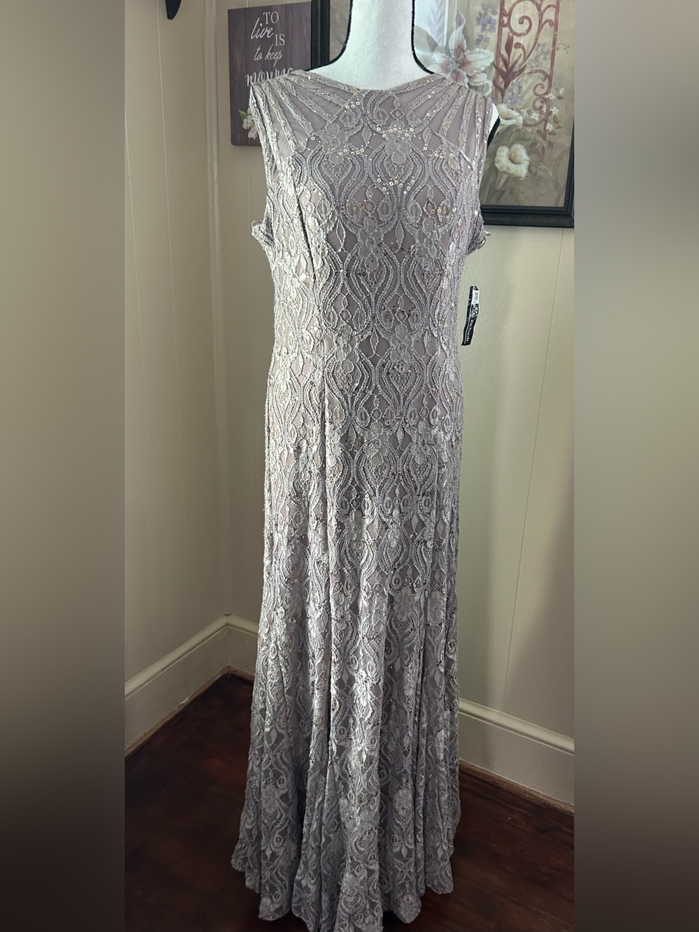 R&M Richard Elegant Sleeveless Lace Evening Gown in Light brown